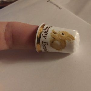 Vintage Finsbury Thimble Bone China England Happy Easter Tan Rabbit Collectable